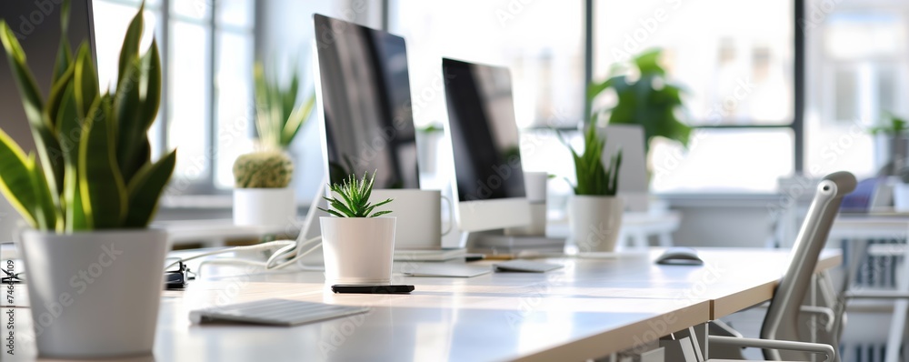 Fototapeta premium Modern Office Workspace with Desktop Computers and Indoor Plants for Biophilic Corporate Interior Design