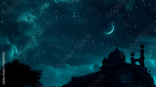 Mosque silhouette against starry sky with crescent moon, Ramadan concept wallpaper with copy space.
