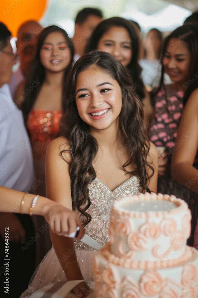 Joyful quinceanera girl cutting her birthday cake surrounded by family and friends.