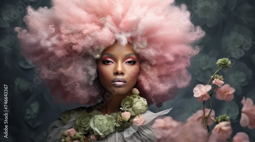 Portrait of a beautiful African or African American woman with an unusual hairstyle in pastel colors
