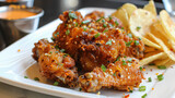 Crisp crunchy golden chicken wings with chips