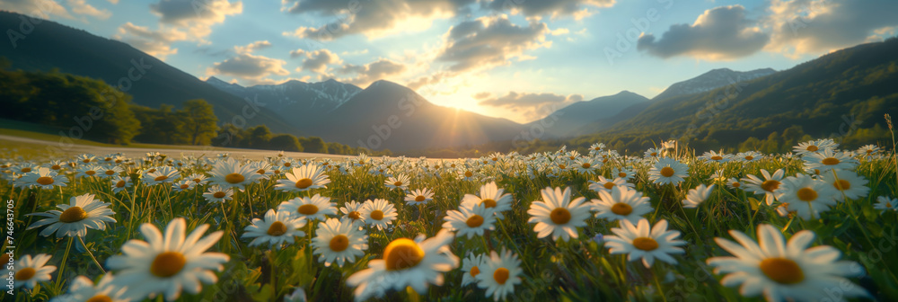 meadow with daisies in mountain valley - obrazy, fototapety, plakaty 