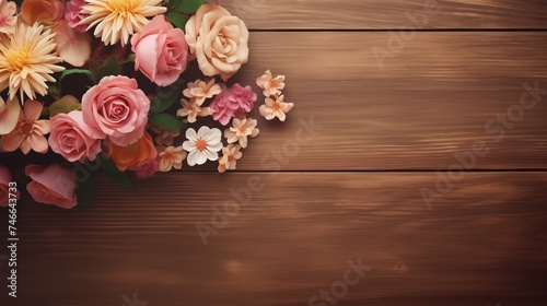 Floral composition on wooden table, cozy and warm office concept © Rosso