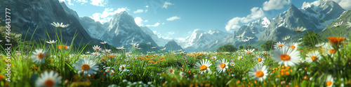 meadow with daisies in mountain valley photo
