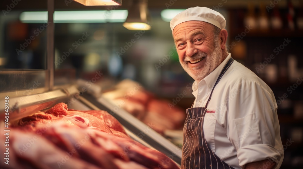 Butcher in warm lit counter deep cuts knowledge meat variety Butcher in warm lit counter deep cuts knowledge meat variety