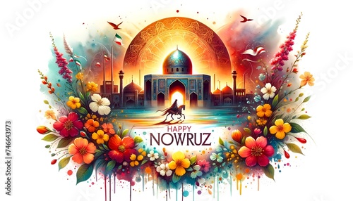 Illustration in a watercolor style for the persian new year with the text happy nowruz. photo