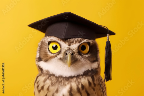 Owl with graduation cap on yellow background.