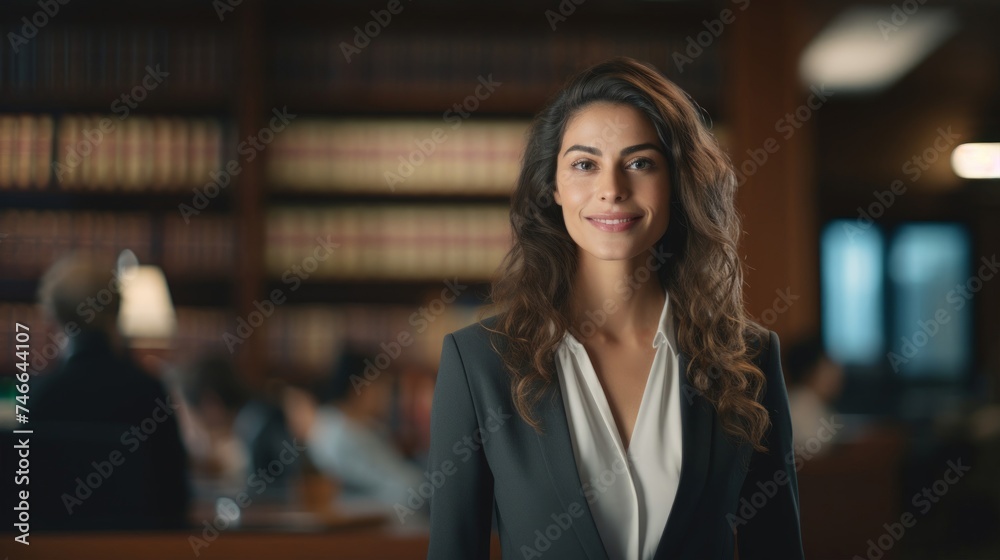 Fototapeta premium Joyful lawyer celebrates success infectious smile dignified law office setting