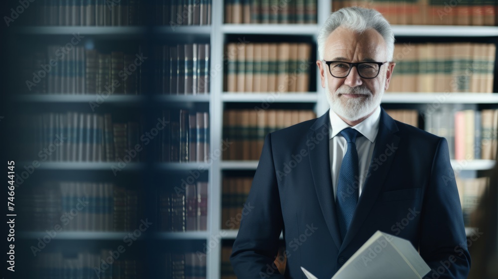 Focused lawyer pride in legal argument backdrop of legal volumes and case files