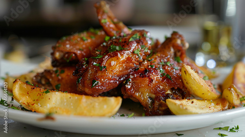 Crisp crunchy golden chicken wings with chips