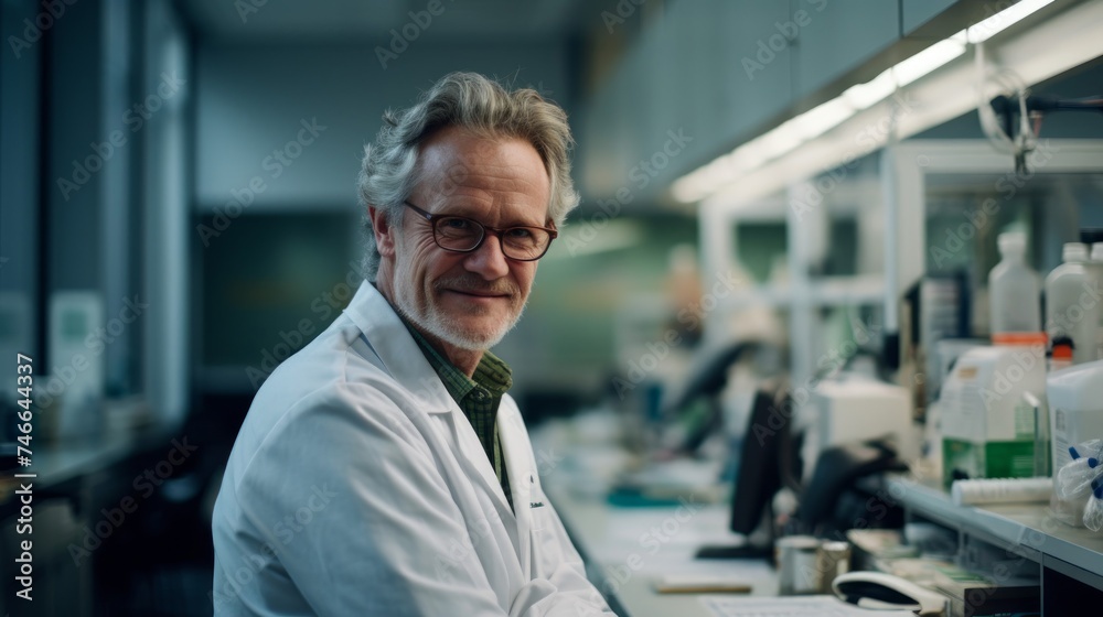 Satisfied biologist tranquil expression hinting at lab equipment and materials Satisfied biologist tranquil expression hinting at lab equipment and materials