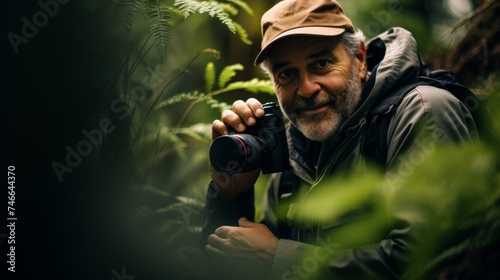Biologist in habitat fascination glimpse biodiverse ecosystem background hint