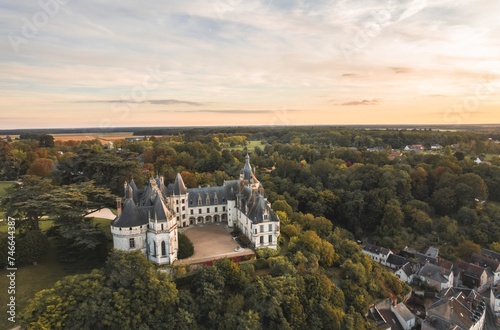 A stunning aerial view showcases a grand castle nestled within a sea of verdant trees, offering a captivating scene of history and nature merging seamlessly
