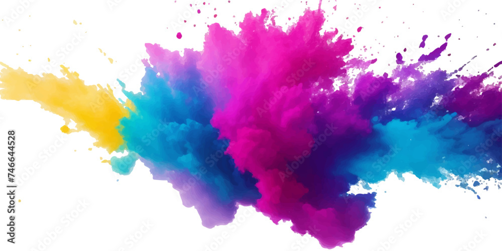 Bright colorful watercolor splash splatter stain brush strokes on white background. Modern vibrant aquarelle spot. Rainbow trendy isolated design on white. Element. Vector watercolor illustration