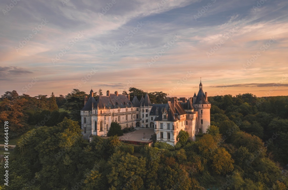 A breathtaking aerial view showcases a magnificent castle nestled amidst a dense forest, surrounded by a sea of verdant trees creating a picturesque scene of tranquility and grandeur.