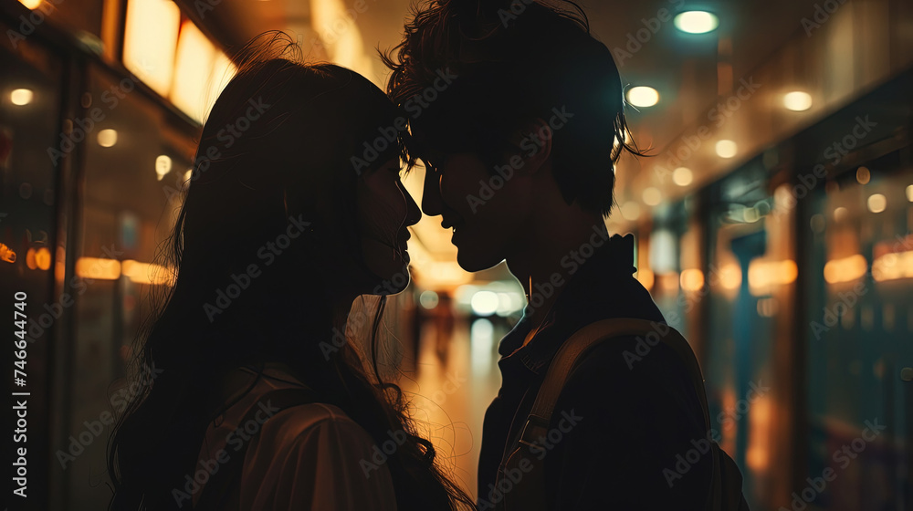 A man and a woman are standing side by side in this scene. They are both facing forward with neutral expressions A man and a woman are standing side by side in this scene. They are both facing forward with neutral expressions