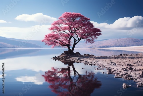 a lone tree on the water. hd wallpaper, in the style of light magenta and dark azure, romantic atmosphere, capturing moments, captivating documentary photos © Smilego
