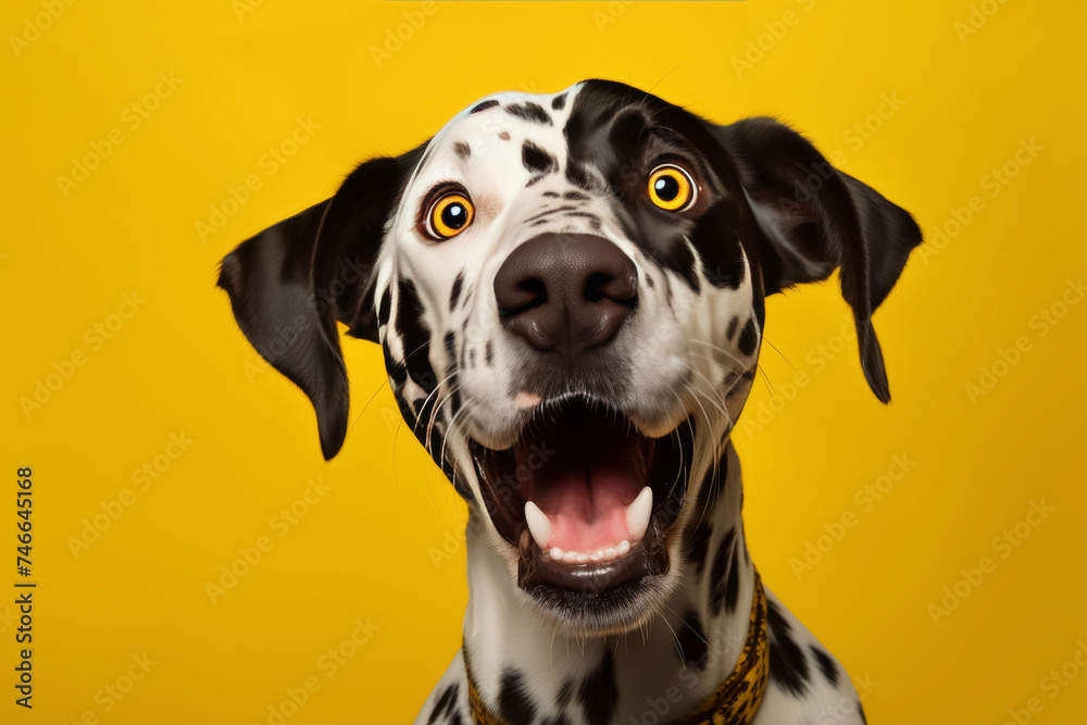 Dalmatian dog with surprised expression on yellow background.