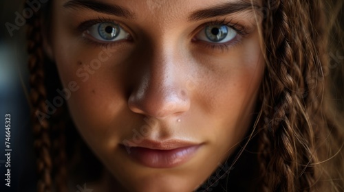 Close-up of female accountant expressive eyes detailed view of braided hair