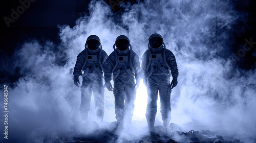 Three astronauts wearing space suits standing in a cloud of smoke, prepared for a space mission in a remote environment