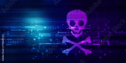 2d rendering Digital skull and crossbones on binary code