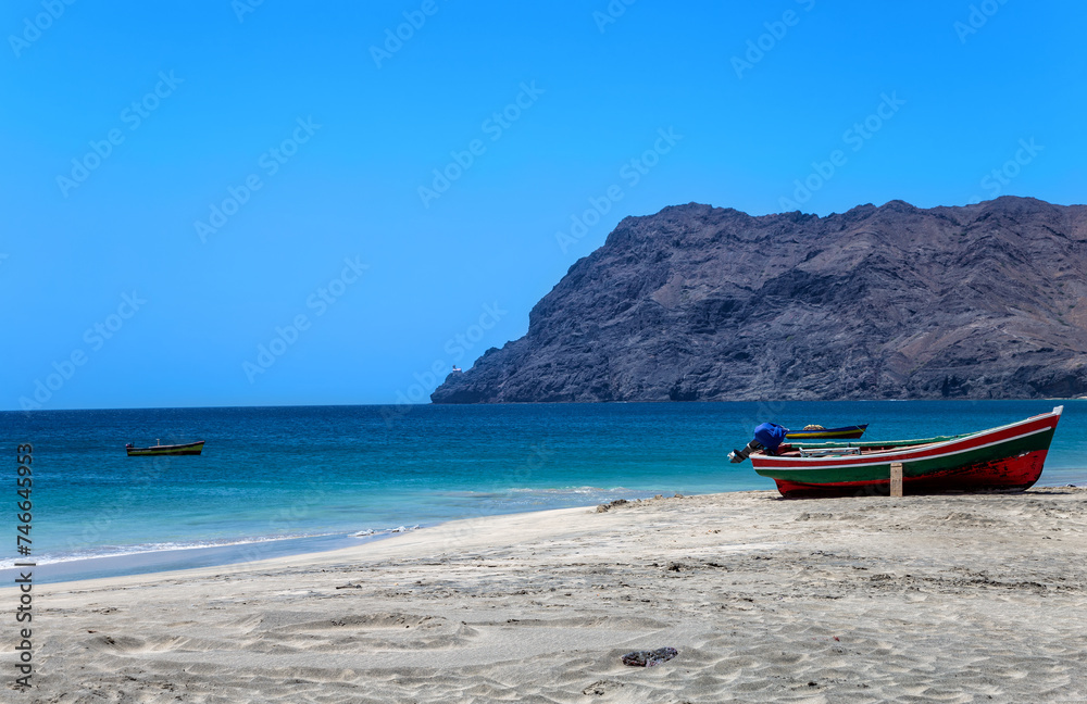 Fishing boats on the beach, Praia de Sao Pedro, Island Sao Vicente, Cape Verde, Cabo Verde, Africa.