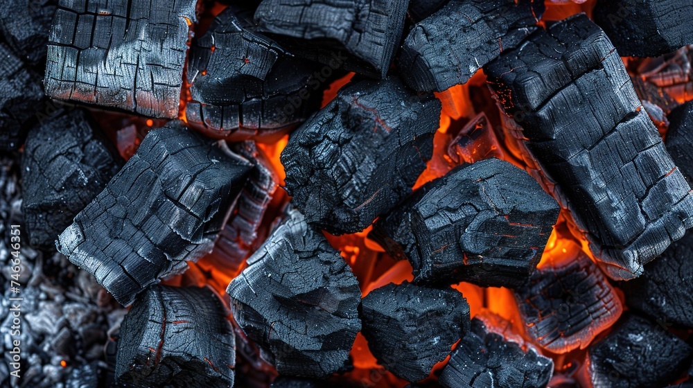 BBQ Grill With Glowing And Flaming Hot Charcoal Briquettes, Food Background Or Texture BBQ Grill With Glowing And Flaming Hot Charcoal Briquettes, Food Background Or Texture