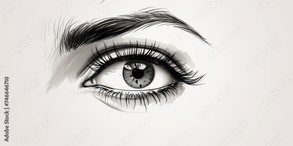 Fototapeta premium Captivating Glimpse: Beauty in the Eye of a Woman - A Closeup View of the Human Eye's Intricate Detail and Delicate Beauty, with an Illustration of a Female Eye Containing a Mesmerizing Iris, Stunning