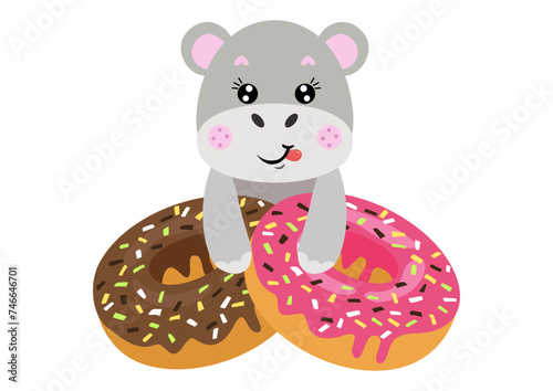 Funny hippo with strawberry and chocolate donuts