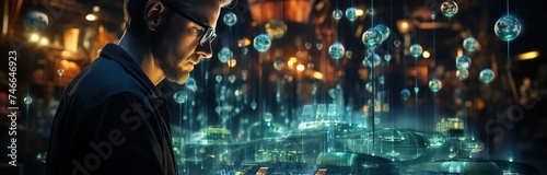 a man with a tablet looking at some futuristic icons, in the style of light turquoise and dark indigo, soft edges and blurred details, circuitry, miscellaneous academia, shaped canvas, intertwined net photo