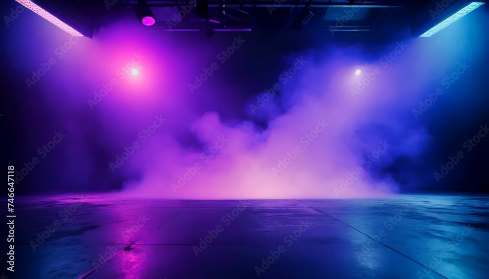Dark stage shows, blue, and purple background, an empty dark scene, laser beams, neon, spotlights reflection on the asphalt floor, studio room with smoke floating up for display products generative ai