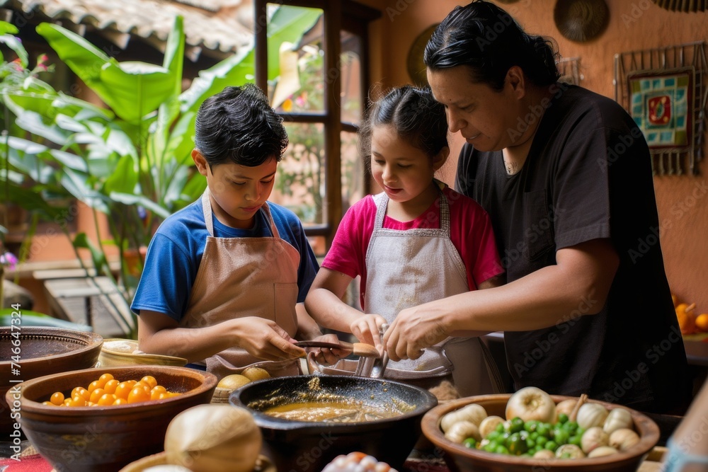 Parents teaching children to make a traditional dish, a fusion of old and new techniques blending seamlessly.