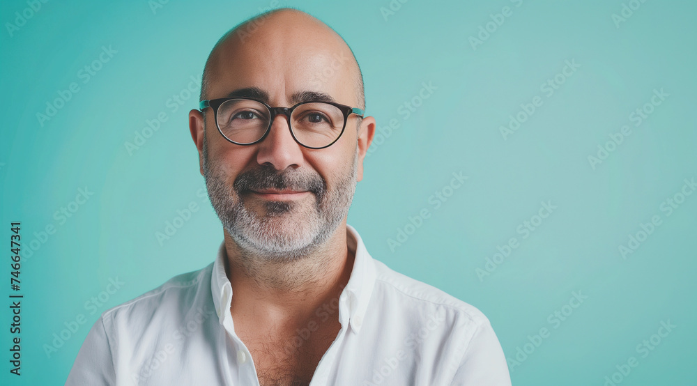 Studio headshot of professional mature bald man with glasses, blue background Studio headshot of professional mature bald man with glasses, blue background
