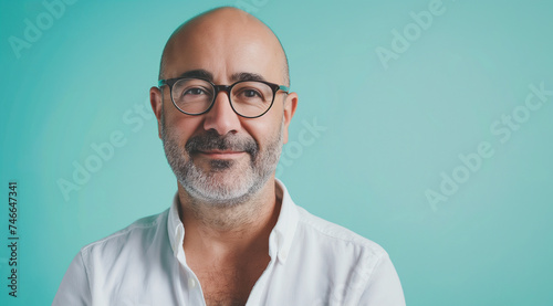 Studio headshot of professional mature bald man with glasses, blue background photo