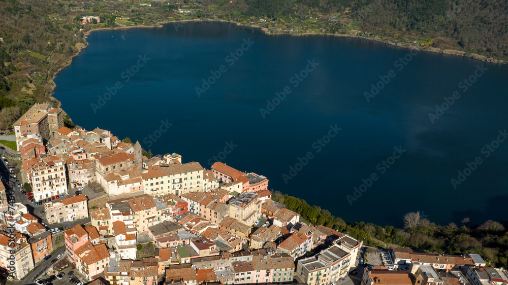 Aerial view of Genzano di Roma. It is a town of Castelli Romani regional park, near Rome, Italy. The historic center is located in the Alban Hills overlooking Lake Nemi, a volcanic crater lake. 