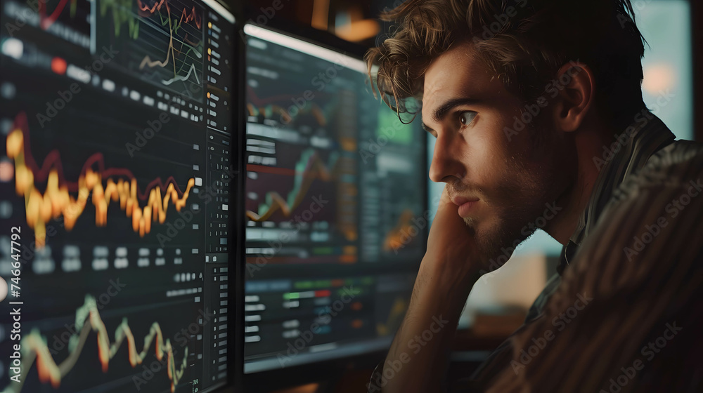 Businessman or investor looking for financial data and chart, analyze data for business and financial planning Businessman or investor looking for financial data and chart, analyze data for business and financial planning