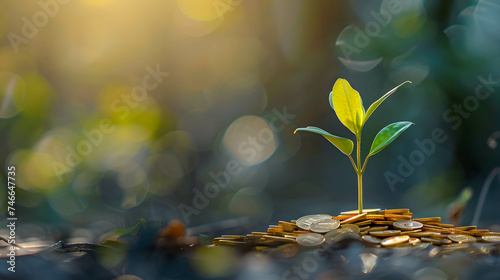 small plant or tree growing on pile of golden coins, investment for financial growth and freedom, Investing in environment, social, governance or ESG concept