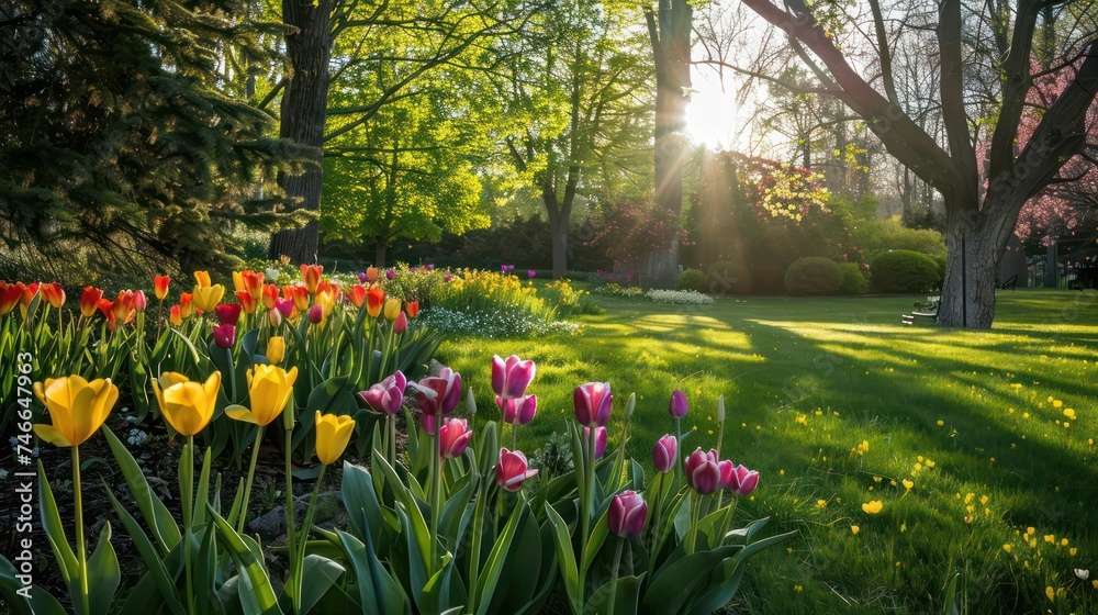 Fototapeta premium Springtime sees flowers blooming in vibrant shades, spreading beauty, freshness, and a sense of calmness.