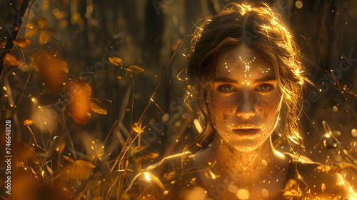 Portrait of a mystery woman immersed in golden sunlight, with a mesmerizing look and sparks surrounding her.  © Kolapatha