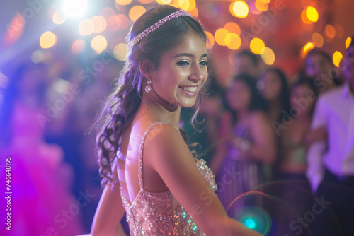 Teen girl in a beautiful gown dancing at her quinceanera with a festive background.