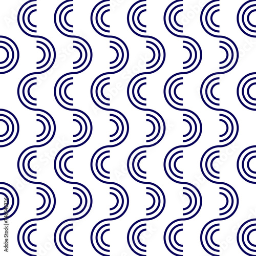 Abstract seamless pattern with blue circles and lines on white background.