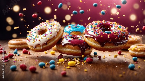 Flying donuts Mix of multicolored doughnuts with sprinkles