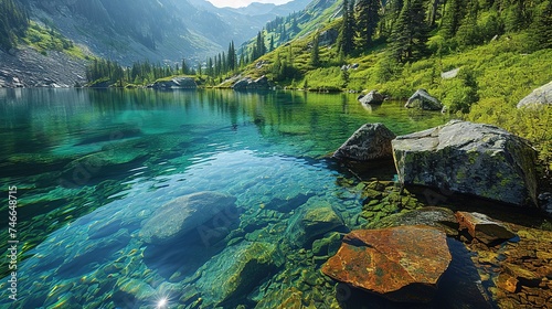 a mountain lake surrounded by green rocks and a green forest, in the style of colorful imagery, clear edge definition, precisionist, whistlerian, glistening, water and land fusion photo