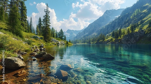 a mountain lake surrounded by green rocks and a green forest, in the style of colorful imagery, clear edge definition, precisionist, whistlerian, glistening, water and land fusion