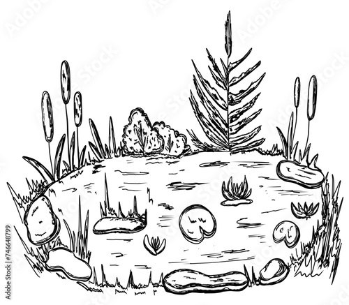 Pond with water lily and reed grass in hand drawn sketch style