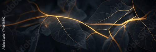 Elegant black leaves with golden glow illuminated veins on dark background banner. Panoramic web header. Wide screen wallpaper
