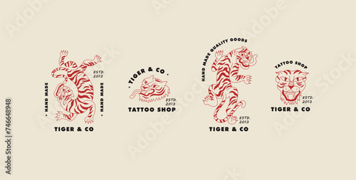 Vector set linear logos with walking tiger and head of tiger illustrations. Template sign and symbol