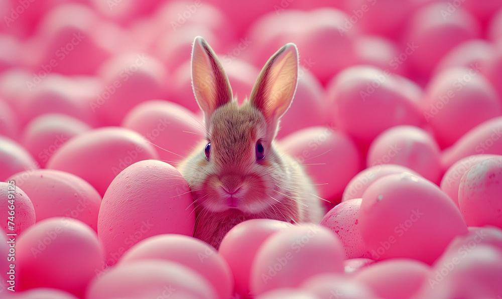 Bunny Peeking Through Sea of Pink Easter Eggs Bunny Peeking Through Sea of Pink Easter Eggs