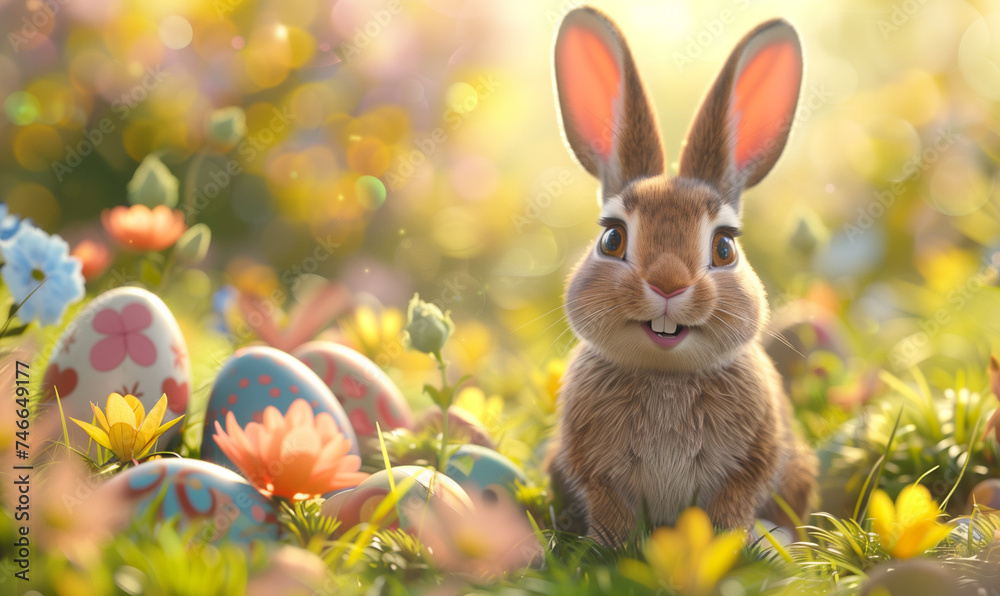 Cartoon Bunny with Easter Eggs in a Sunny Meadow
