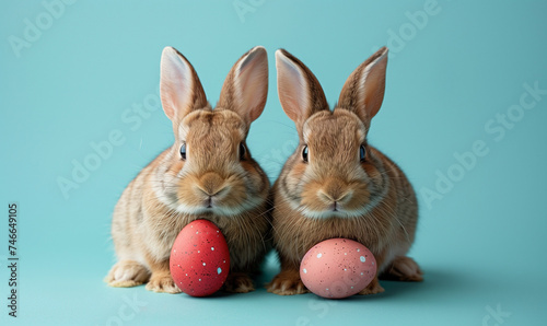 Twin Bunnies with Easter Eggs on Blue Background 